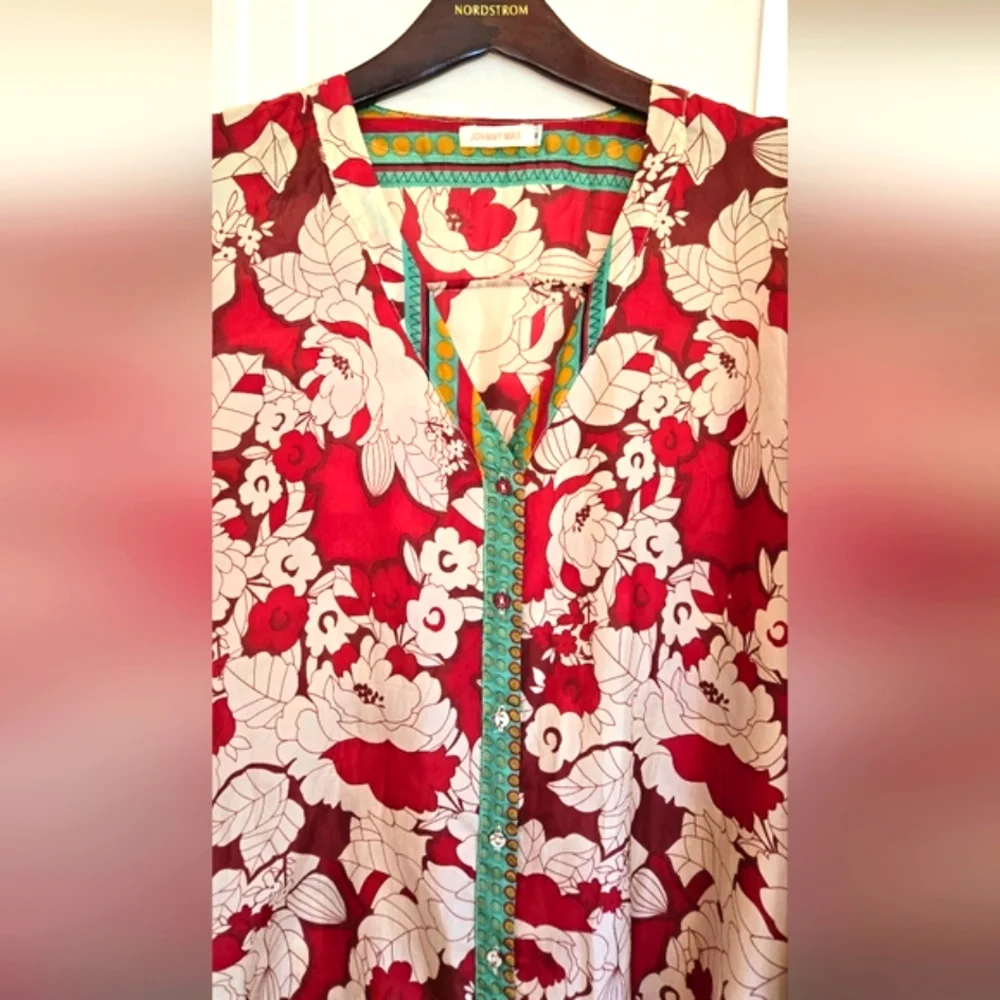 Johnny Was Red Floral Silk Blouse with Cream Print and Green Trim - Picture 2 of 11